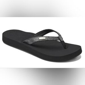 Reef-Black Cushion Foam Sandals Faux Reptile Glitter Strap